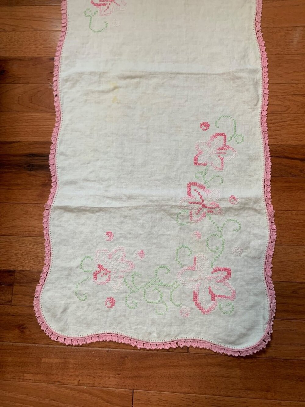 Hand-Cross Stitched Floral Table Runner with Pink Crochet Trim 36"x15" Vintage